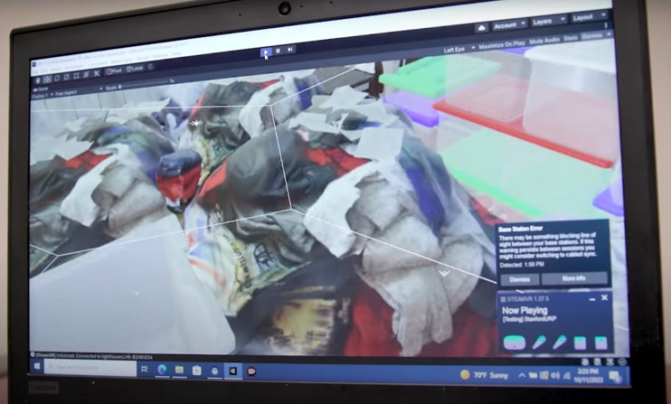 A computer screen showing a live feed of a participant's hoarding VR session at Stanford University