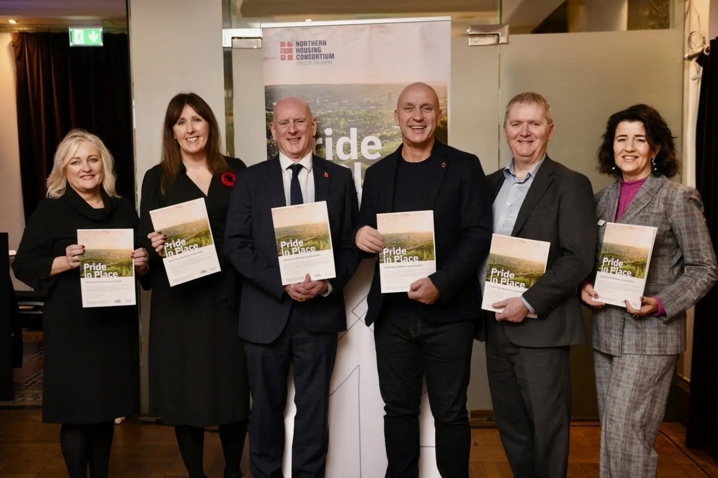 Livv Housing Group CEO Leann Hearne with representatives from other housing organisations involved in the Northern Housing Consortium's 'Pride in Place' report