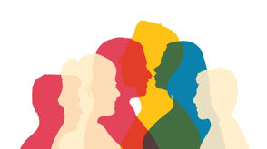 An illustration of different people's profiles overlapping each other. Their silhouettes are in different primary colours.