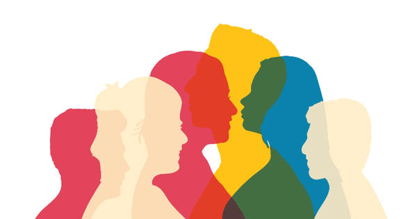 An illustration of different people's profiles overlapping each other. Their silhouettes are in different primary colours.