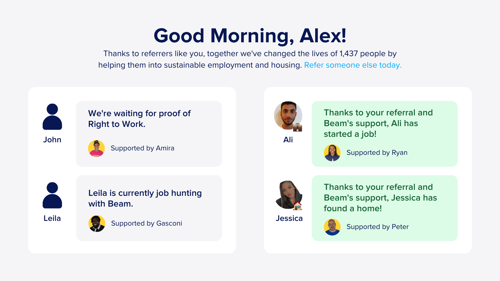 Referrers receive real-time updates on the people they’ve referred via a personalised dashboard