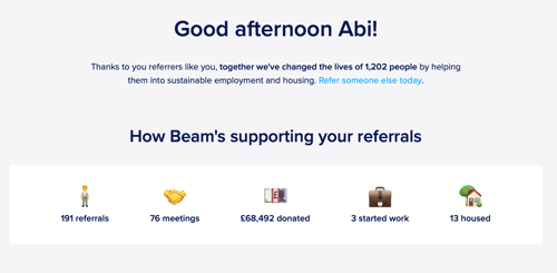 Referrers receive real-time updates on the people they’ve referred via a personalised dashboard