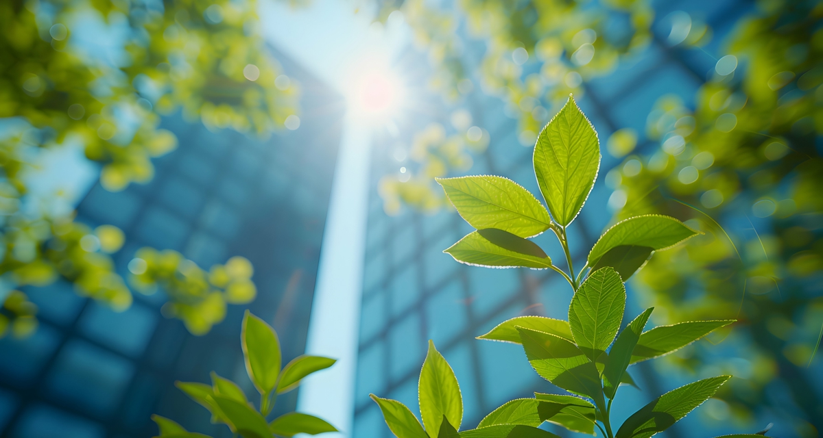 A low-angle shot of a block of flats on a sunny day. The sun shines through leaves that frame the camera.